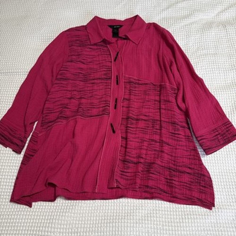 Ali Miles Top Blouse Womens L Pink Black Abstract Stripe Crinkle Gauze Tunic EUC